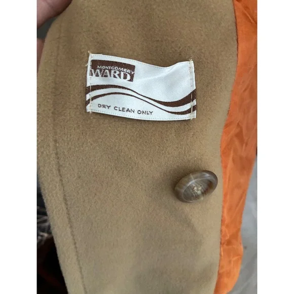 Vintage Montgomery Ward Camel Wool Pea Coat Double Breasted Orange Lining ILGWU - Picture 11 of 16